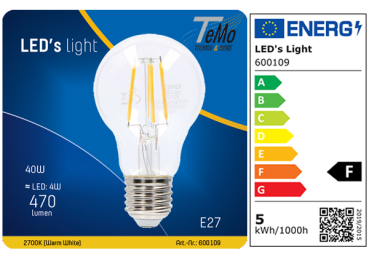 1 STÜCK (VPE) SHADA LED Classic E27, 470lm, 4.5 Watt, Warmweiss 2700K, A60 klar, EEC: F (0600109)